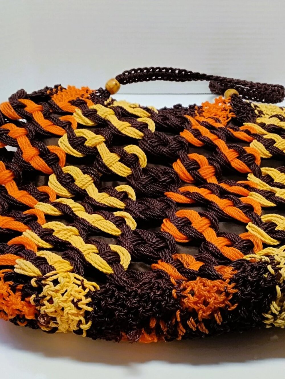 1970s  macrame, crochet, handmde, brown, orange, yelow hand bag large 12x13`in